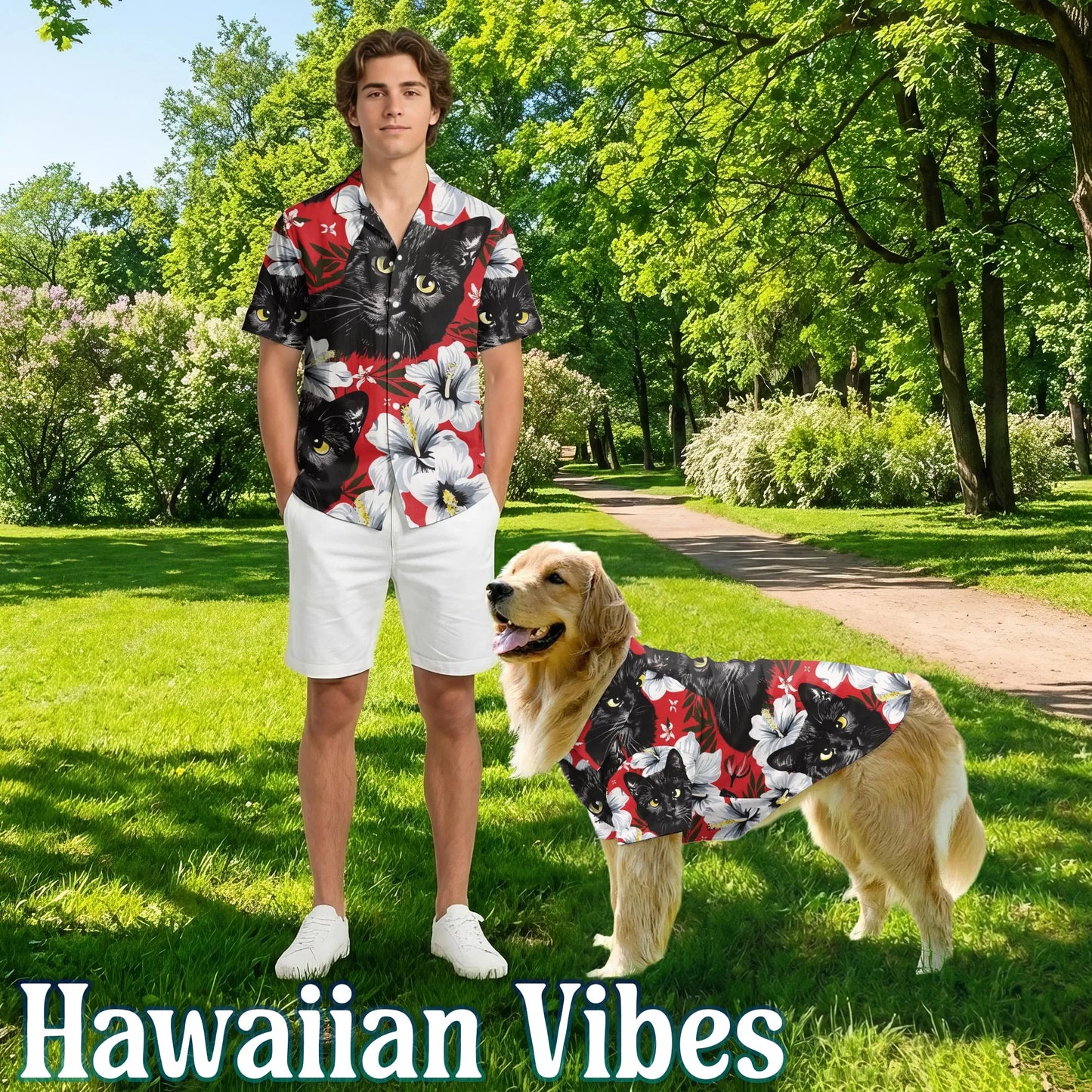 Matching Dog and Owner Hawaiian Shirts – Black Cat Tropical Beach Outfit