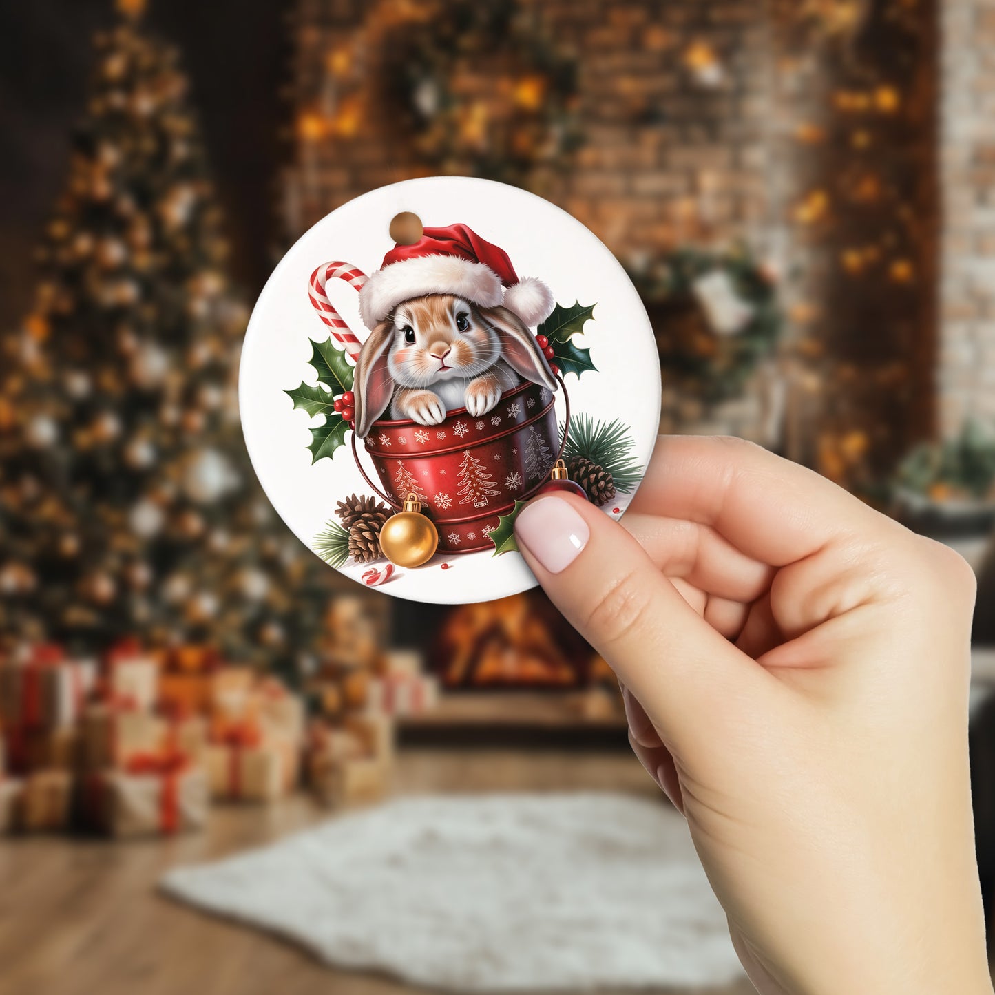 Netecom Adorable Rabbit in Bucket Ornament, Bunny with Santa Hat Ceramic Ornament for Christmas Tree Hanging Decorations Gift, Rabbit Lover Gifts, Home Decor, Holiday Party Present