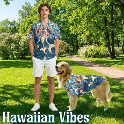 Netecom Matching Mermaid Aloha Hawaiian Shirt for Dog and Owner, Ocean Theme Summer Button Down Shirt, Cute Pet and Human Matching Look, Relaxed Beach Vacation Casual Wear
