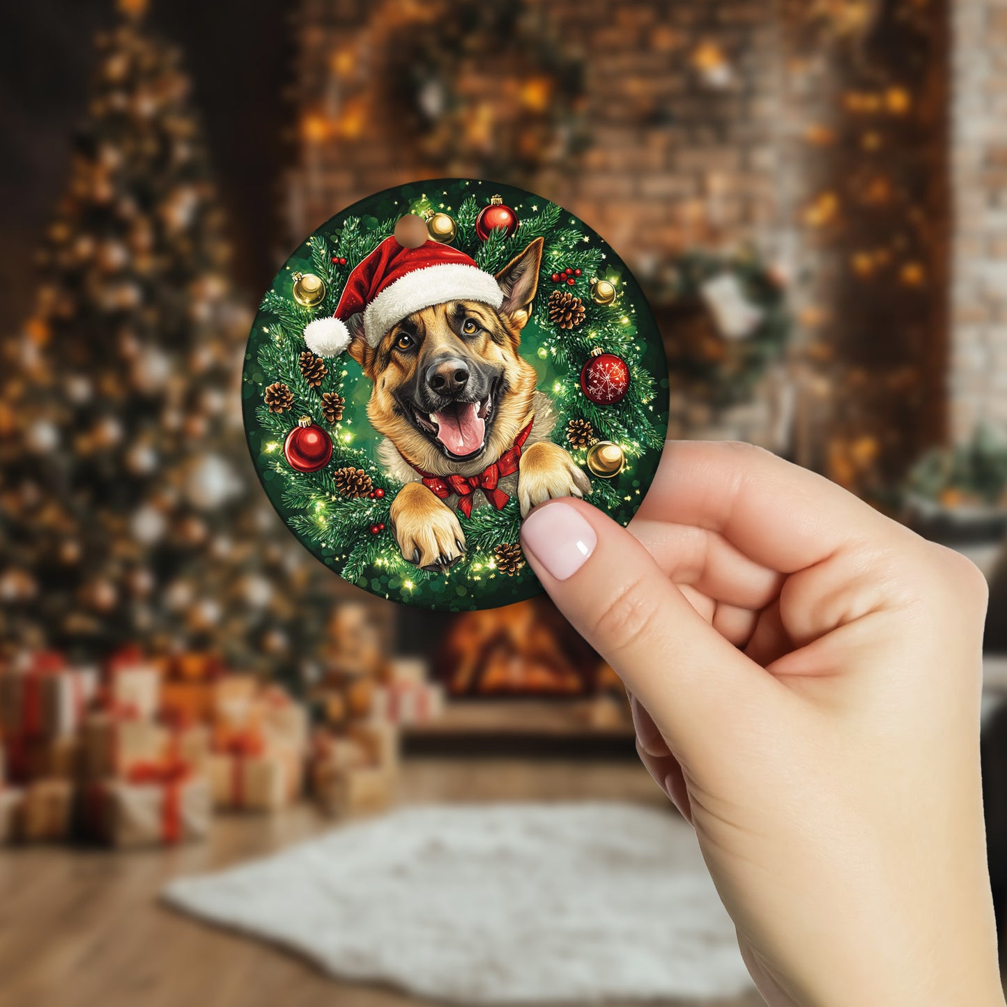 Netecom Funny German Shepherd in Santa Hat Christmas Ornament, Puppy Ceramic Ornament for Xmas Tree Hanging Decorations Gift, Dog Lover Gifts, Holiday Party Present