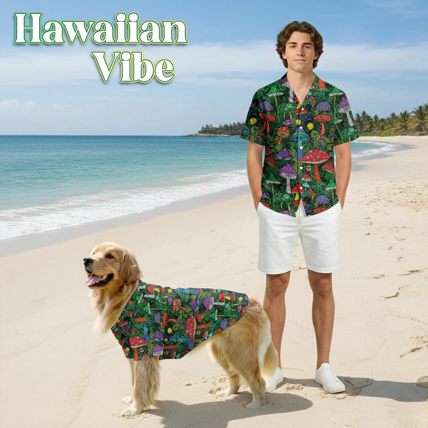 Vintage Hippie Mushroom Print Hawaii Dog and Owner Matching Button Shirts