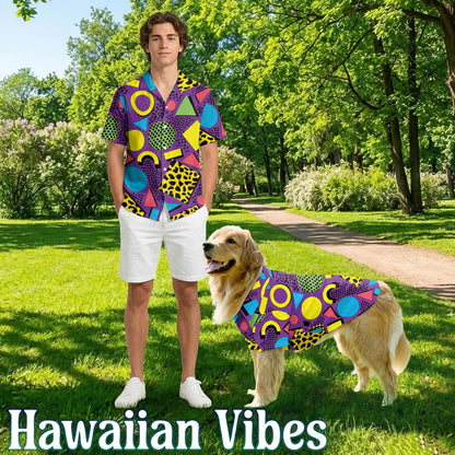 Matching Dog and Owner 80s Retro Hawaiian Shirts – Colorful Geometric Summer Beach Outfit