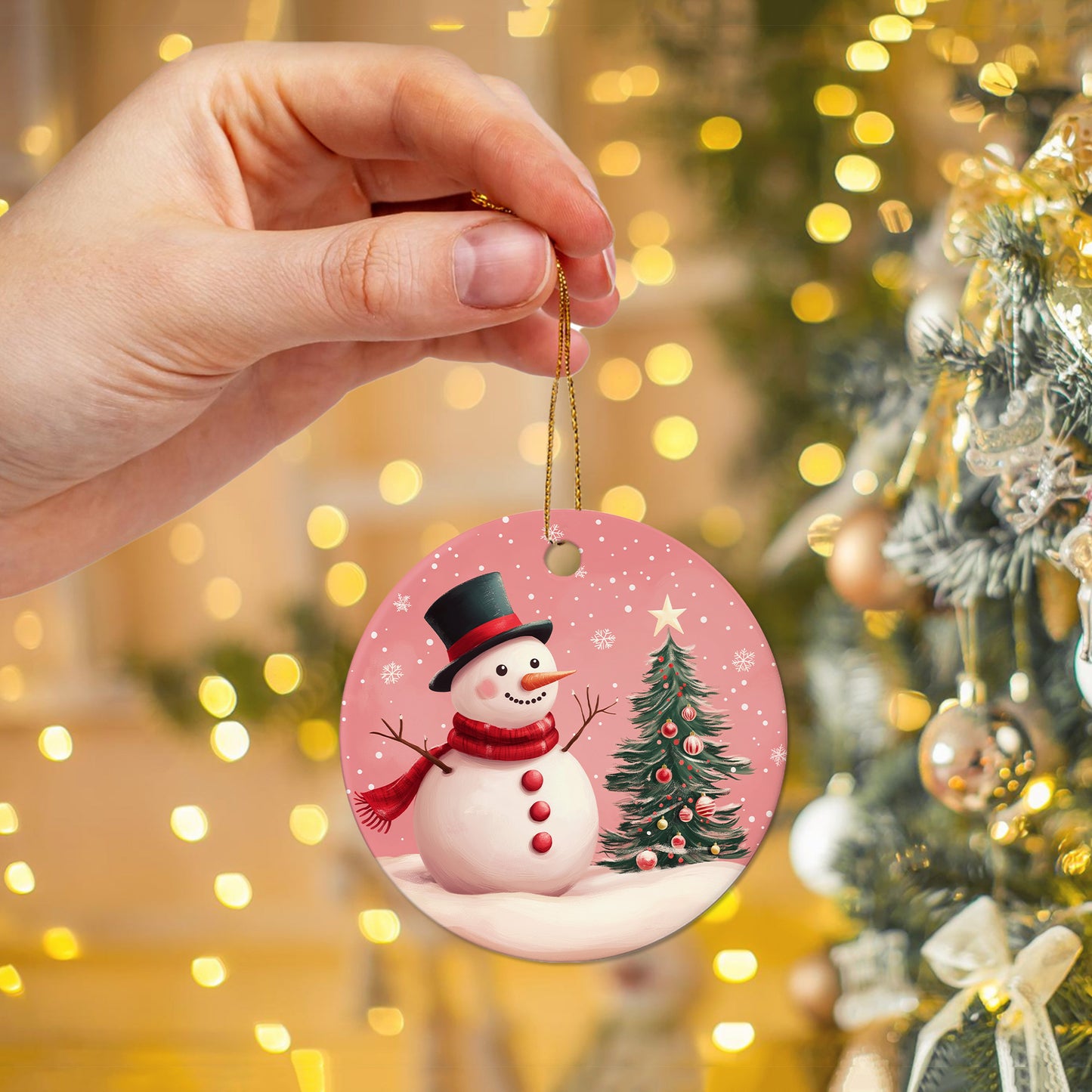 Netecom Elegant Pink Snowman in Snow Christmas Ornament, Ceramic Winter Scene Keepsake Ornament for Xmas Tree Decorations, Gifts for Holiday, Party, Home Decor