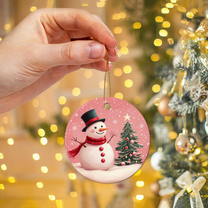 Netecom Elegant Pink Snowman in Snow Christmas Ornament, Ceramic Winter Scene Keepsake Ornament for Xmas Tree Decorations, Gifts for Holiday, Party, Home Decor