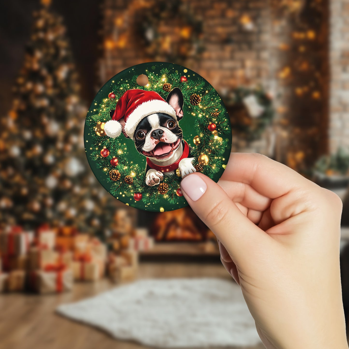 Netecom Cute Boston Terrier in Santa Hat Christmas Ornament, Bostie Dog Ceramic Ornament for Xmas Tree Hanging Decorations Gift, Puppy Lover Gifts, Home Decor, Holiday Party Present