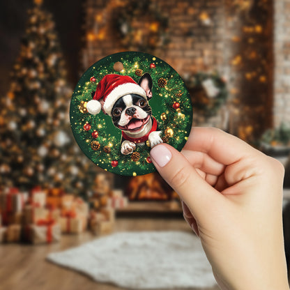 Netecom Cute Boston Terrier in Santa Hat Christmas Ornament, Bostie Dog Ceramic Ornament for Xmas Tree Hanging Decorations Gift, Puppy Lover Gifts, Home Decor, Holiday Party Present