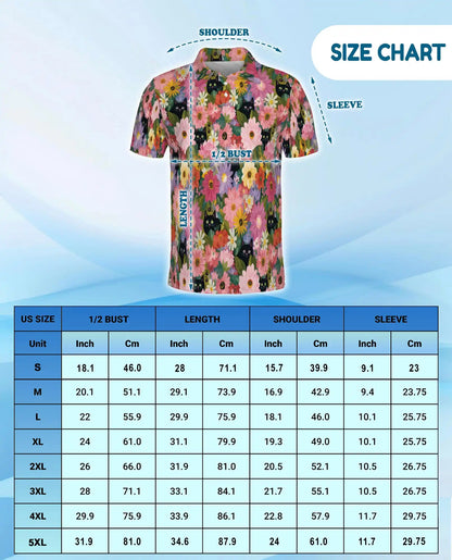 Black Cat Floral Polo Shirt - Colorful Garden Kitty Style | Netecom