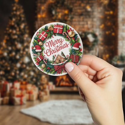 Netecom Merry Christmas Ornament, Christmas Wreath with Gifts and Gingerbread House Ceramic Ornament for Xmas Tree Hanging Decorations Gift, Home Decor, Holiday Party Present