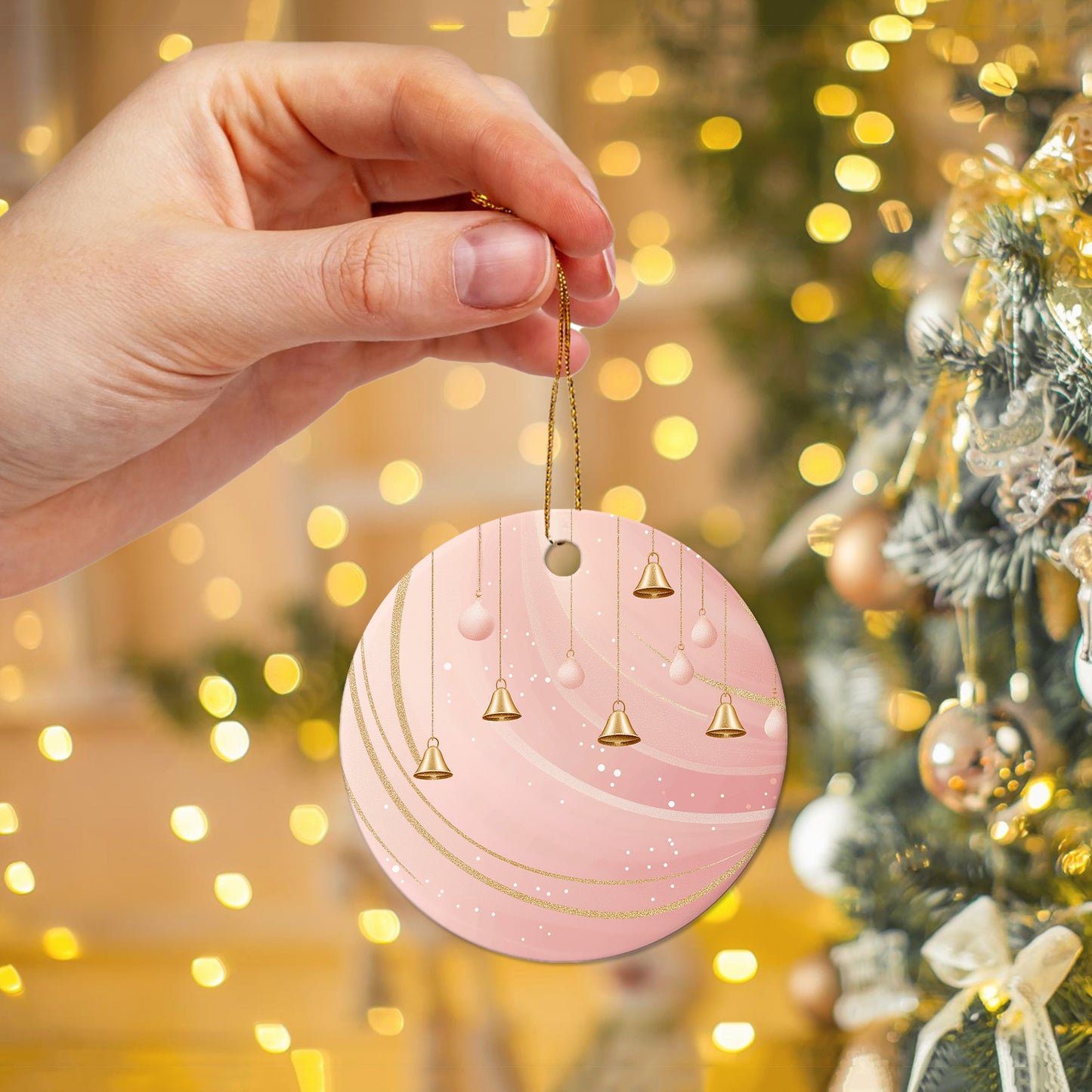 Netecom Elegant Pink Baubles Christmas Ornaments, Ceramic Bell with Glitter Swirl Keepsake Ornament for Xmas Tree Decorations, Gifts for Holiday, Party, Home Decor