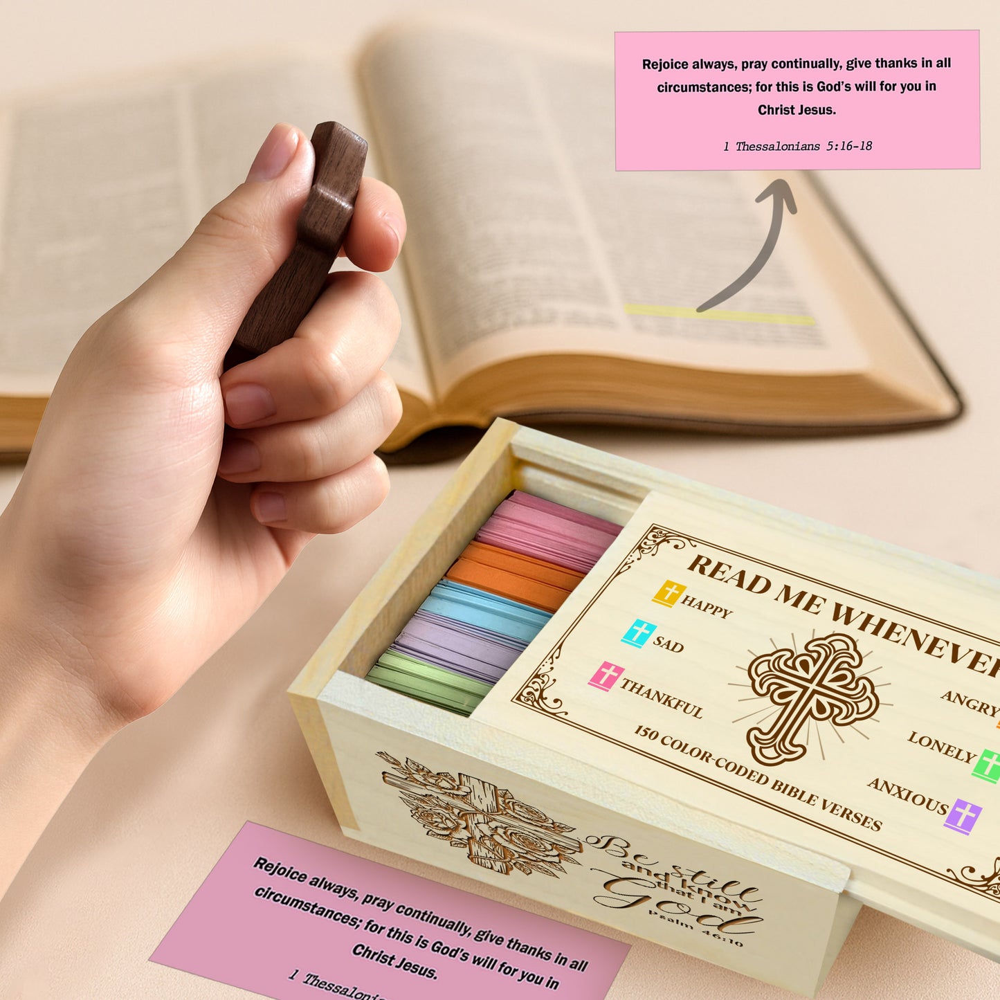 Netecom Personalized Bible Verse Box, 150 Color-Coded Scriptures and Custom Name Prayer Cross, Wooden Christian Faith Keepsake