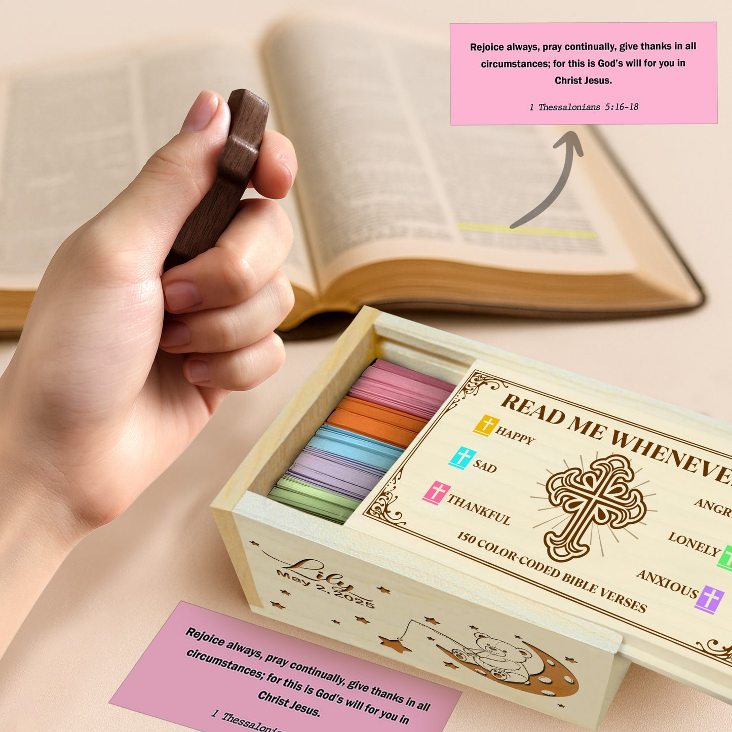 Netecom Personalized Baby Bible Verse Box with 150 Color-Coded Scriptures, Custom Name & Birth Date on Box, Custom Name on Wooden Cross – Christian Faith Keepsake Gift for Newborns, Baptism, or Baby Shower