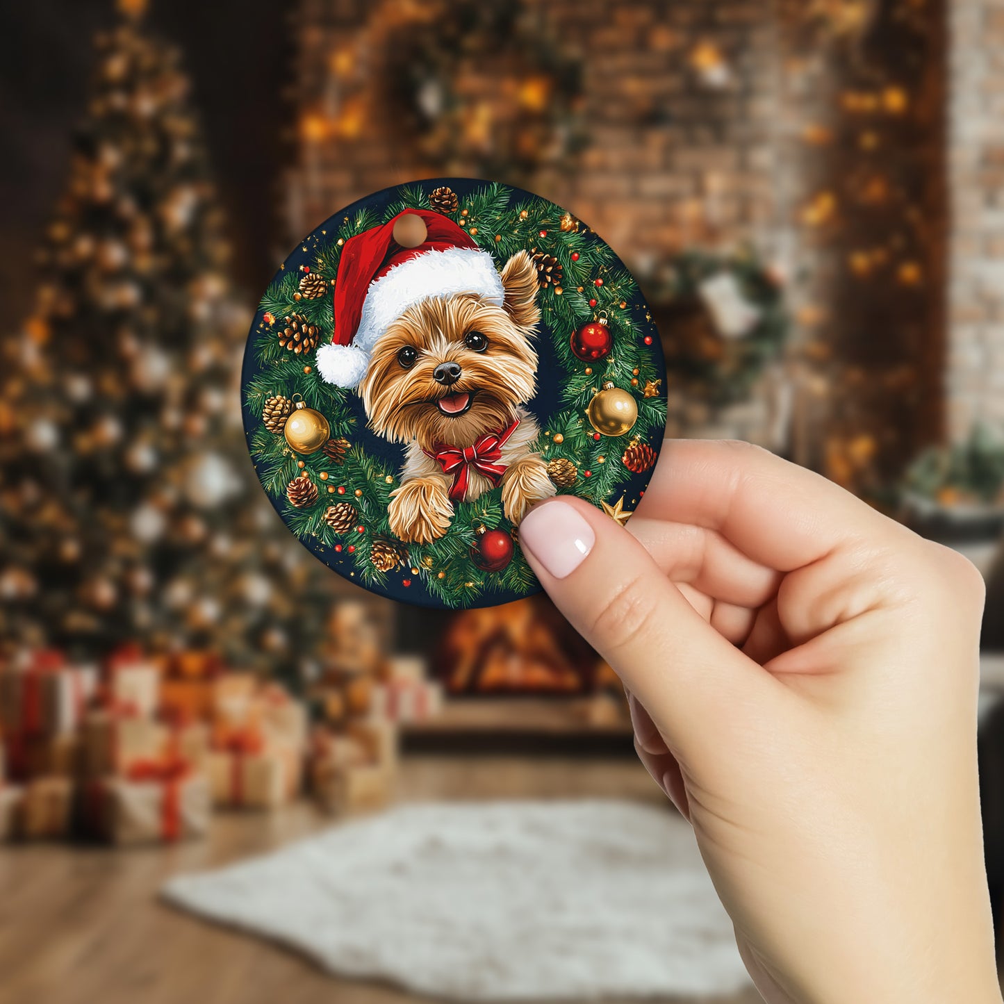 Netecom Cute Yorkshire Terrier Christmas Ornament, Yorkie Puppy Ceramic Ornament for Christmas Tree Hanging Decorations Gift, Dog Lover Gifts, Holiday Party Present