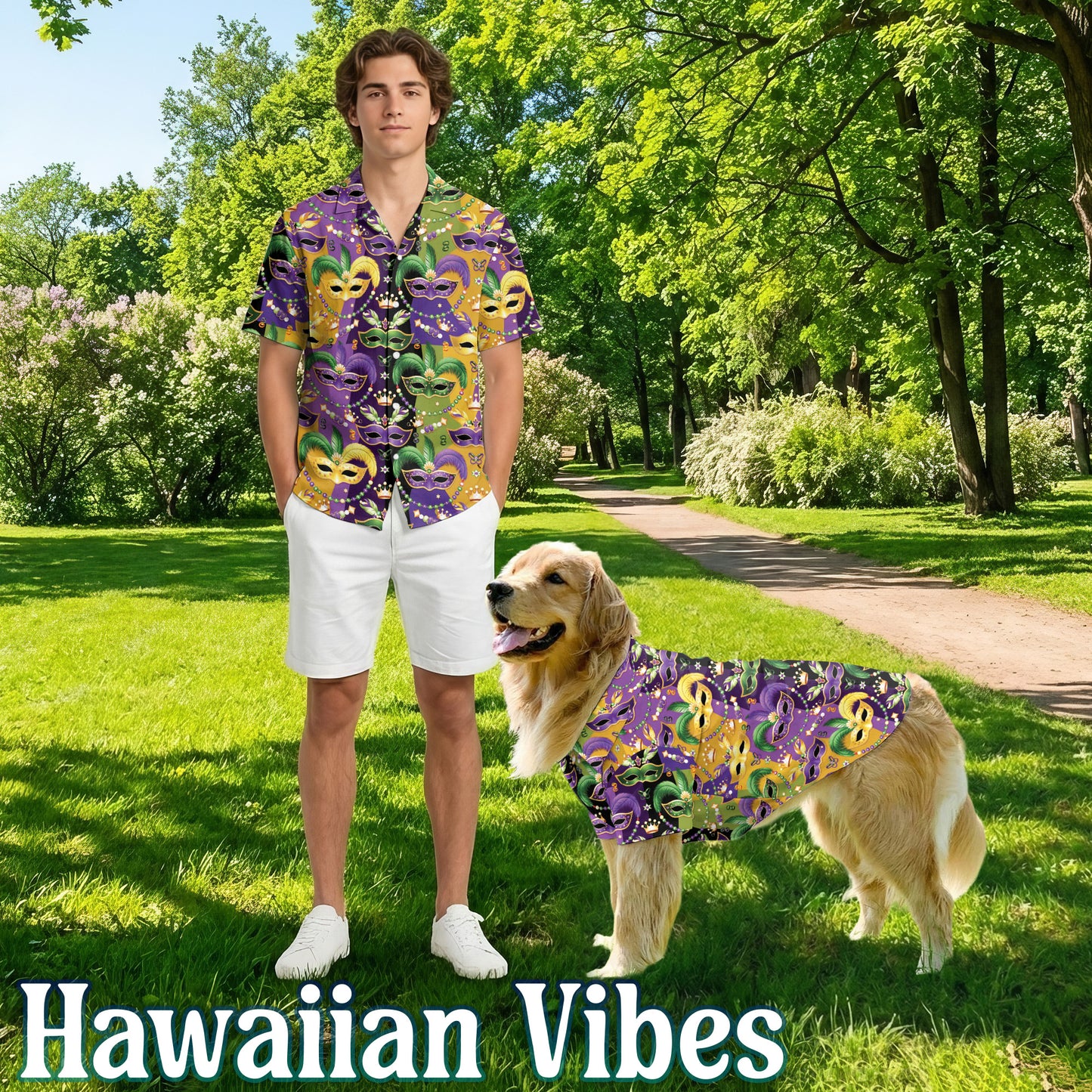 Netecom Matching Mardi Gras Mask Aloha Hawaiian Shirt for Dog and Owner, Colorful Festival Summer Shirt, Casual Button Down Wear for Pet and Human, Beach Vacation Outfit