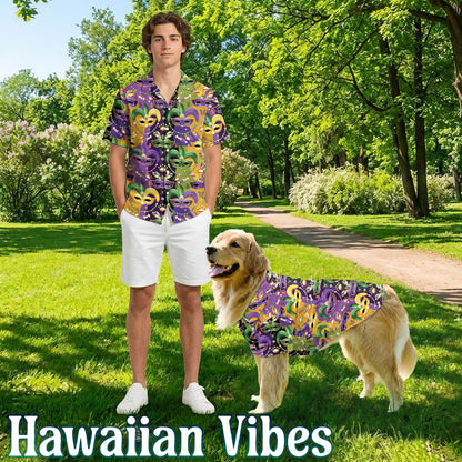 Netecom Matching Mardi Gras Mask Aloha Hawaiian Shirt for Dog and Owner, Colorful Festival Summer Shirt, Casual Button Down Wear for Pet and Human, Beach Vacation Outfit