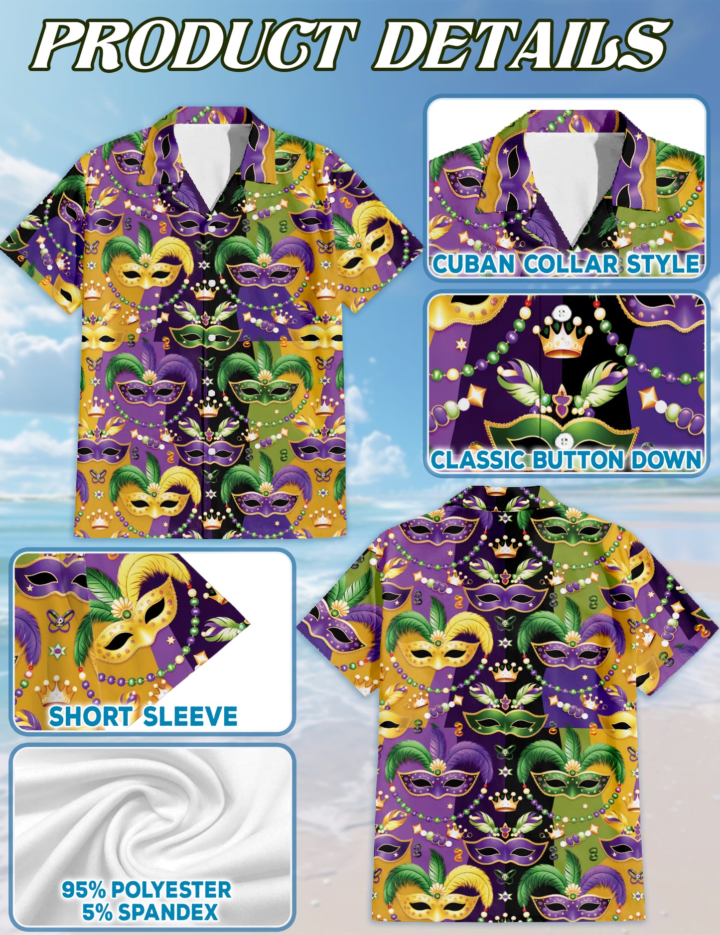 Netecom Matching Mardi Gras Mask Aloha Hawaiian Shirt for Dog and Owner, Colorful Festival Summer Shirt, Casual Button Down Wear for Pet and Human, Beach Vacation Outfit