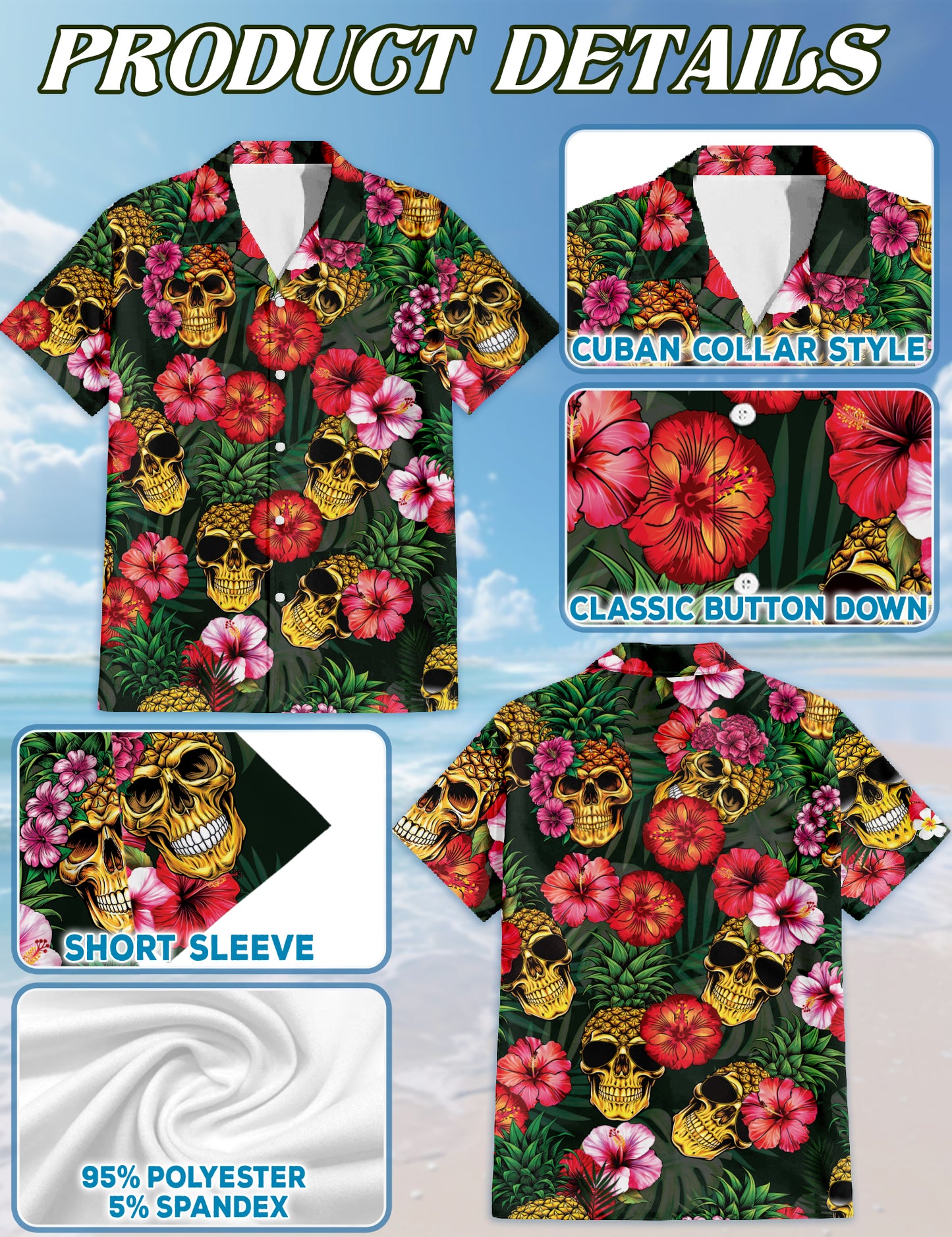 Netecom Matching Pineapple Skull Hibiscus Hawaiian Shirt for Dog and Owner, Funny Aloha Summer Shirt, Skull Print Button Down Outfit for Pet and Human, Beach Vacation Casual Wear