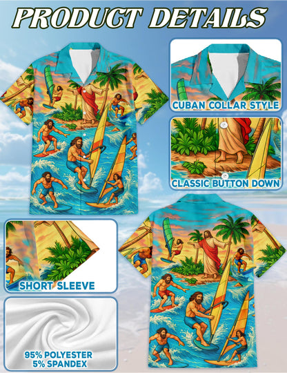 Netecom Matching Funny Jesus Surfing Hawaiian Shirt for Dog and Owner, Aloha Summer Shirt, Surf Wave Print Outfit for Pet and Human, Beach Vacation Casual Wear