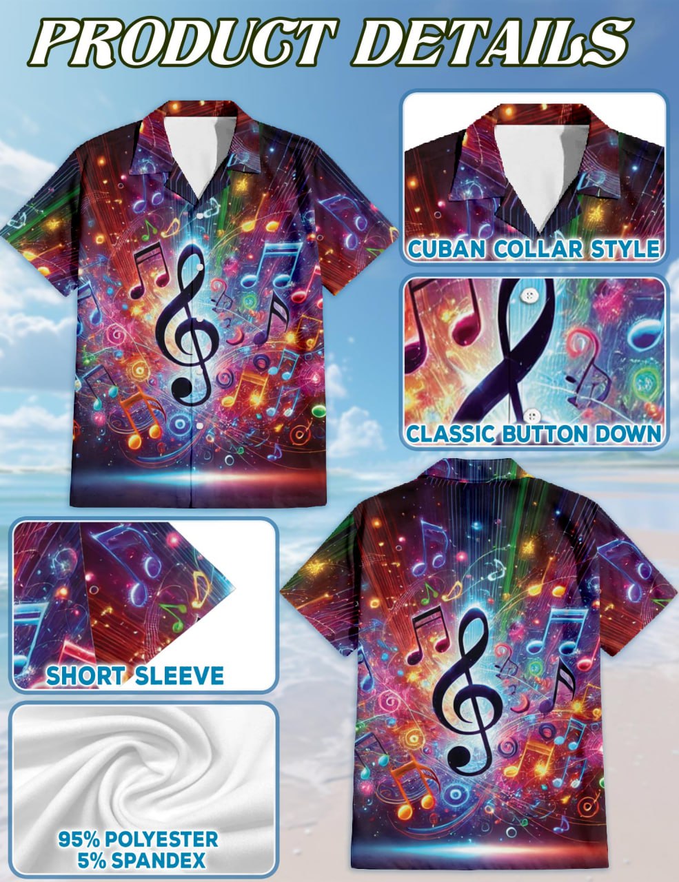 Netecom Matching Colorful Musical Note Aloha Hawaiian Shirt for Dog and Owner, Aloha Summer Shirt, Music Note Print Outfit for Pet and Human, Beach Vacation Casual Wear