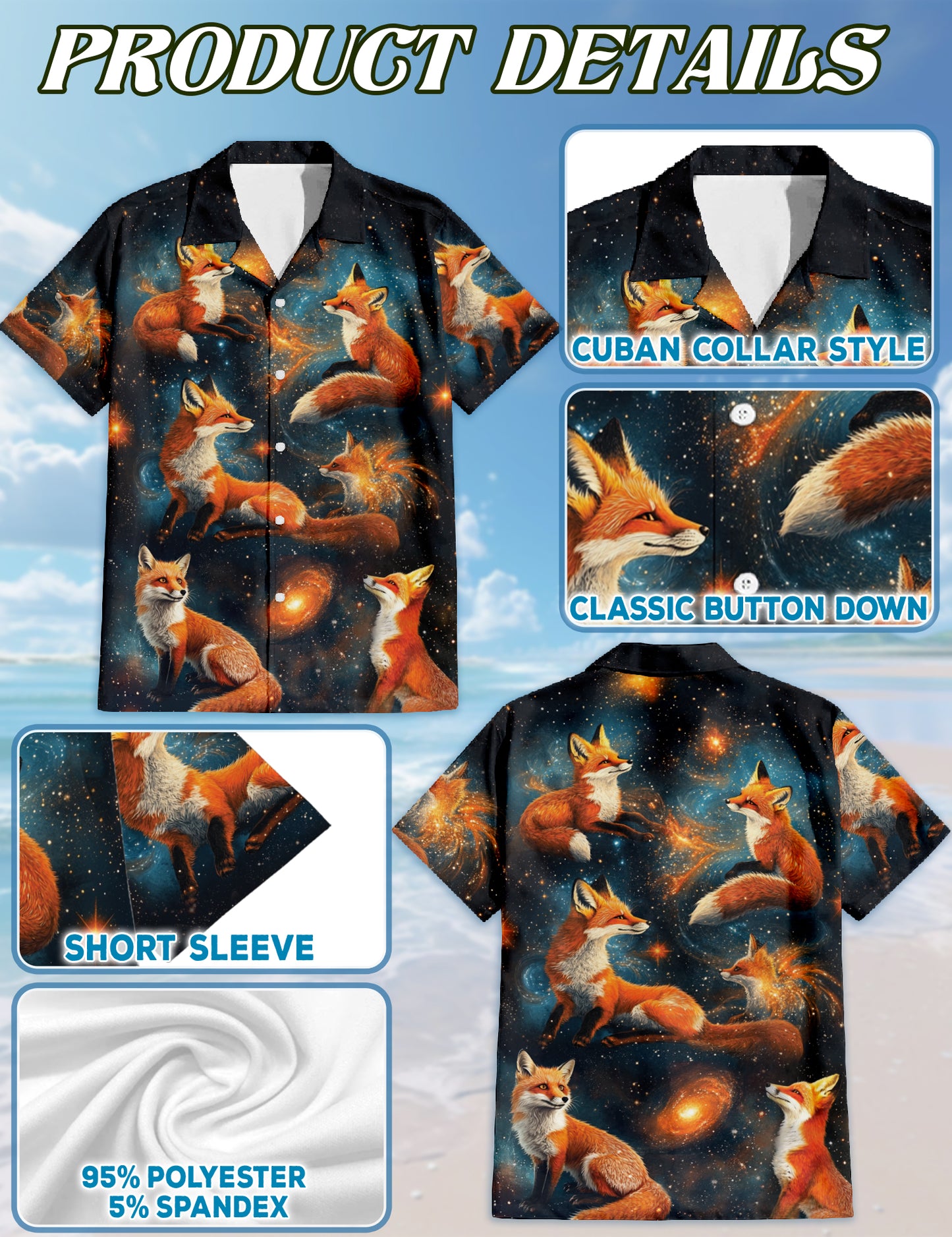 Netecom Matching Fox Starlight Hawaiian Shirt for Dog and Owner, Aloha Summer Shirt, Fox Night Sky Print Button Down Outfit for Pet and Human, Beach Vacation Casual Wear
