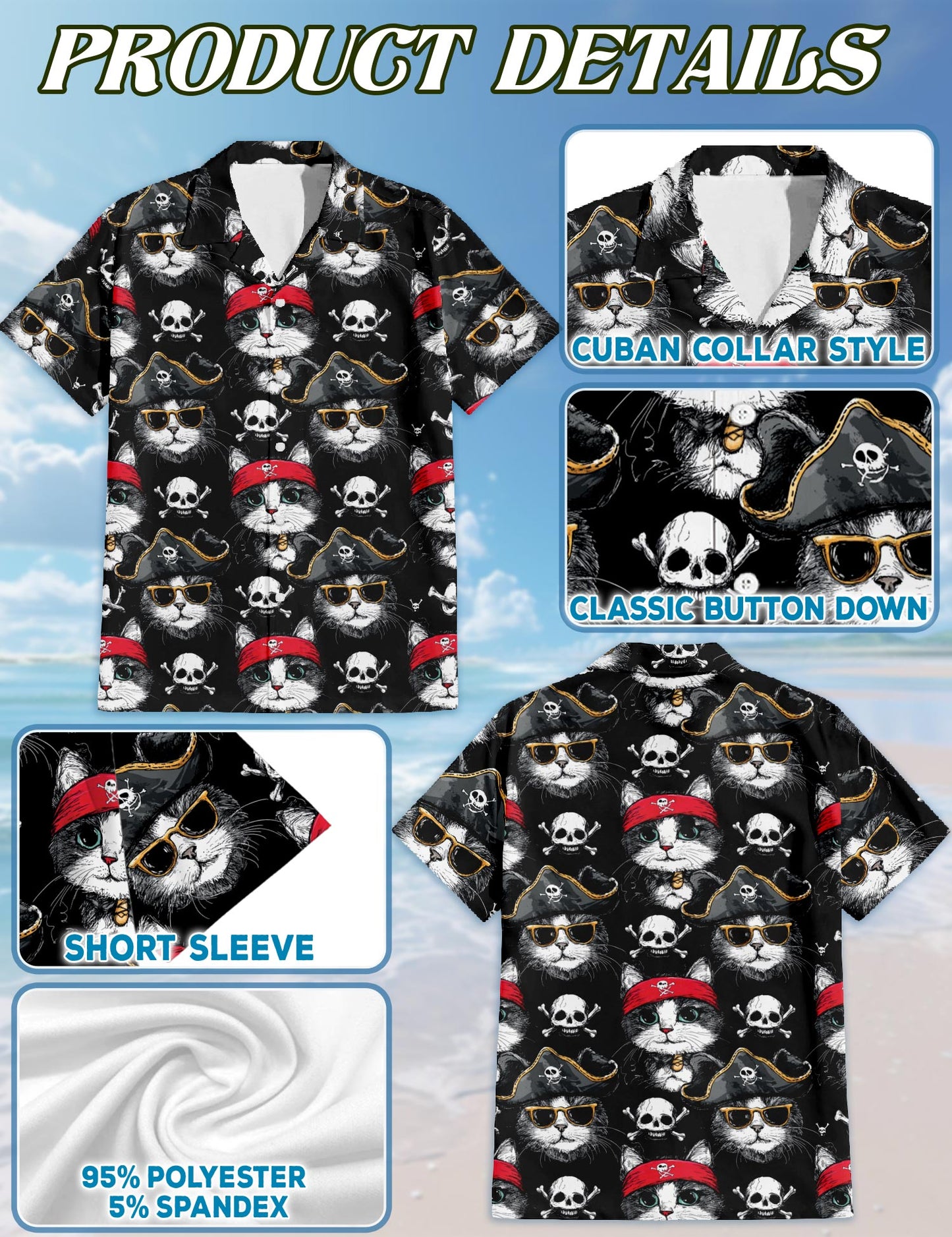 Netecom Matching Pirate Cat Hawaiian Shirt for Dog and Owner, Aloha Summer Shirt, Pirate Cat Print Outfit for Pet and Human, Beach Vacation Casual Wear