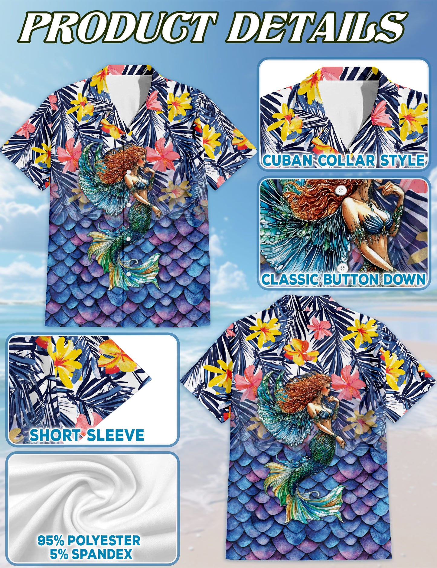 Netecom Matching Mermaid Aloha Hawaiian Shirt for Dog and Owner, Ocean Theme Summer Button Down Shirt, Cute Pet and Human Matching Look, Relaxed Beach Vacation Casual Wear