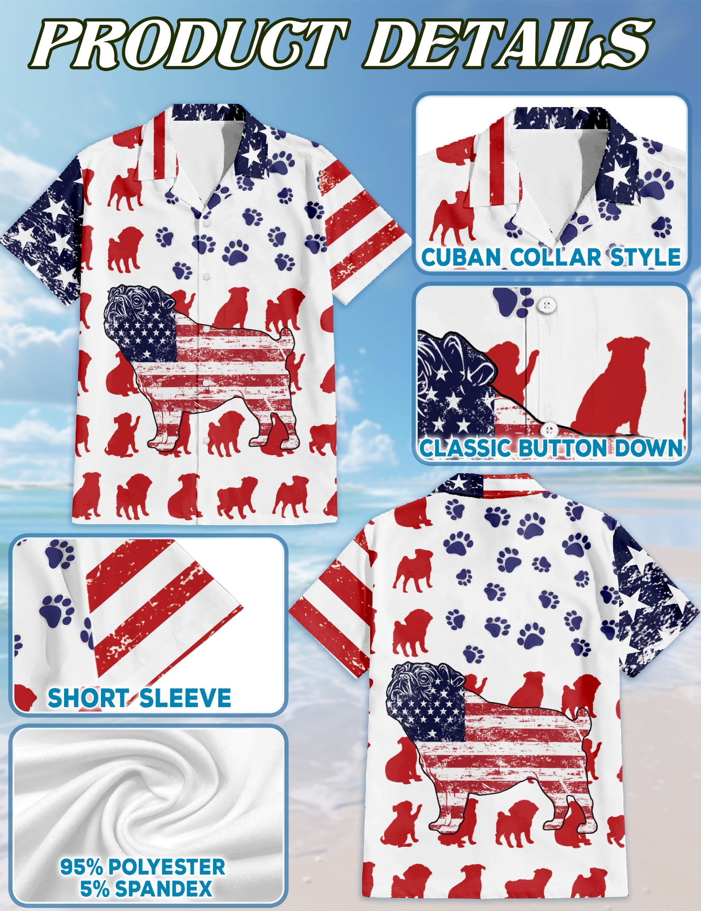 Netecom Matching Pug Flag Hawaiian Shirt for Dog and Owner, Aloha Summer Shirt, Pug Print Button Down Outfit for Pet and Human, Beach Vacation Casual Wear