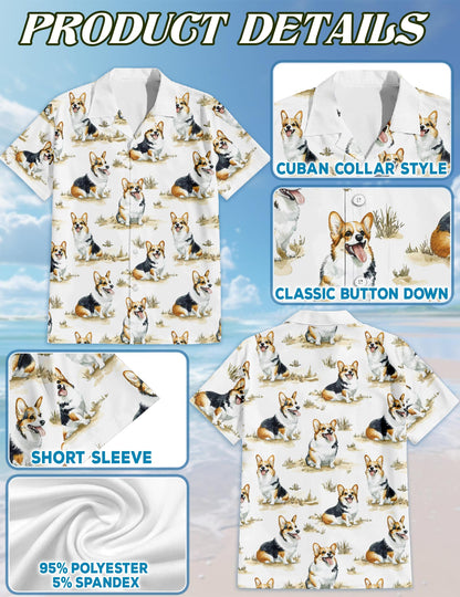 Netecom Matching Smiling Corgi Aloha Hawaiian Shirt for Dog and Owner, Happy Dog Print Summer Button Down Shirt, Fun Beach Vacation Casual Wear for Pet and Human