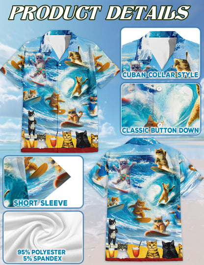 Netecom Matching Cat Surfing Hawaiian Shirt for Dog and Owner, Aloha Summer Shirt, Surf Cat Print Button Down Outfit for Pet and Human, Beach Vacation Casual Wear