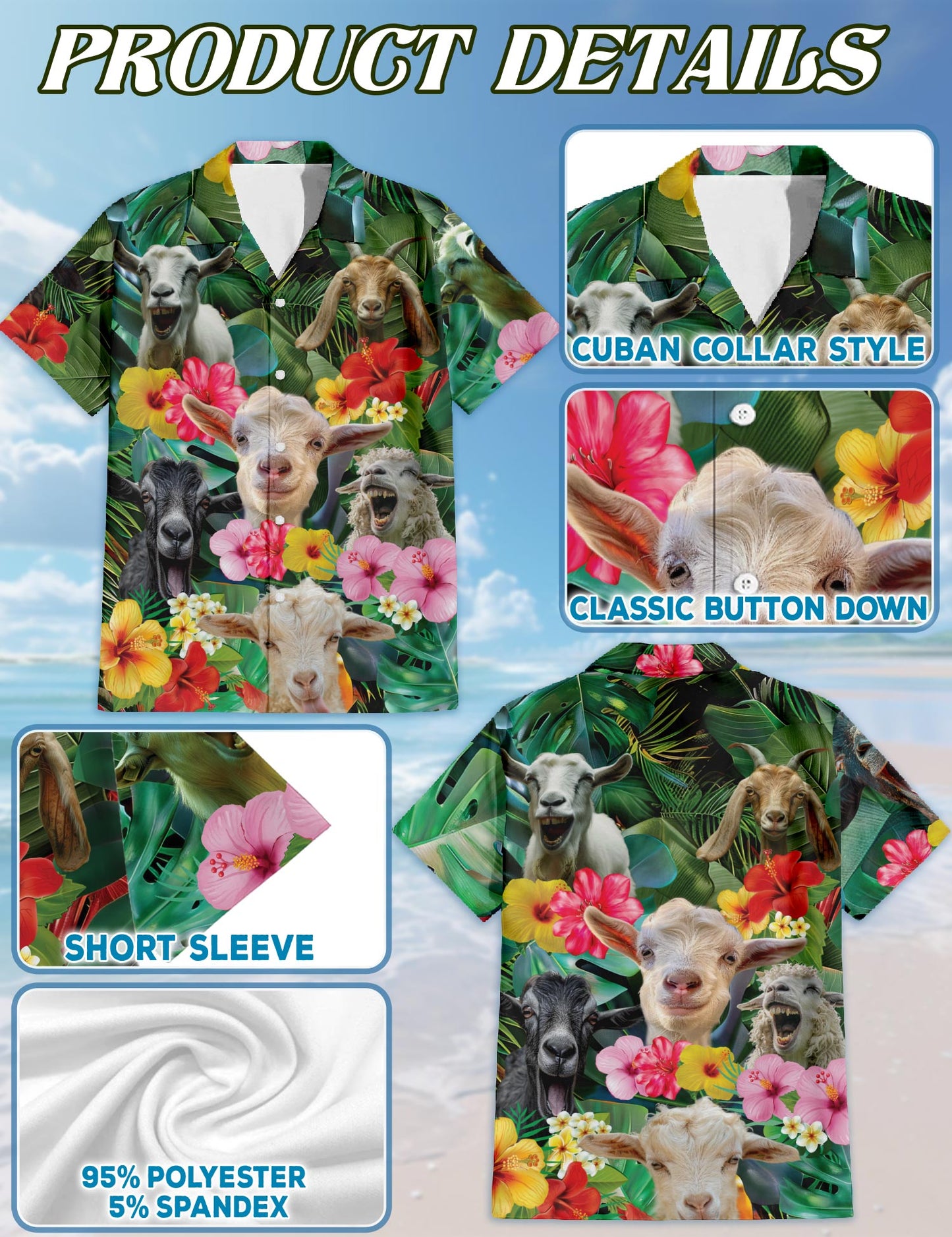 Netecom Matching Happy Goat Hawaiian Shirt for Dog and Owner, Fun Animal Aloha Summer Shirt, Playful Button Down Outfit for Pet and Human, Vacation Beach Casual Wear