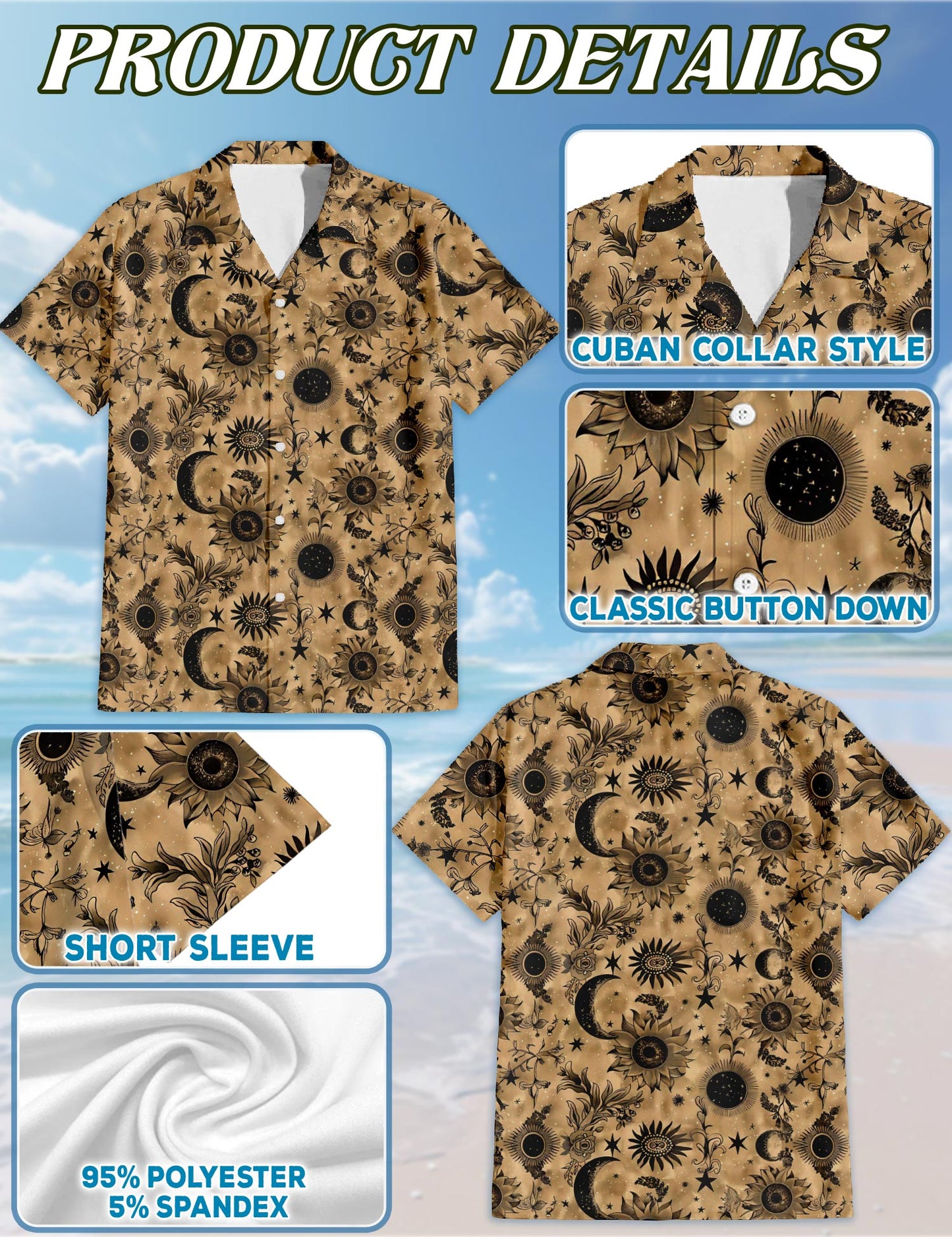 Netecom Matching Mystic Moon and Sun Hawaiian Shirt for Pet and Owner, Celestial Aloha Summer Shirt, Moon Sun Pattern Print Outfit for Dog and Human, Casual Beach Vacation Wear