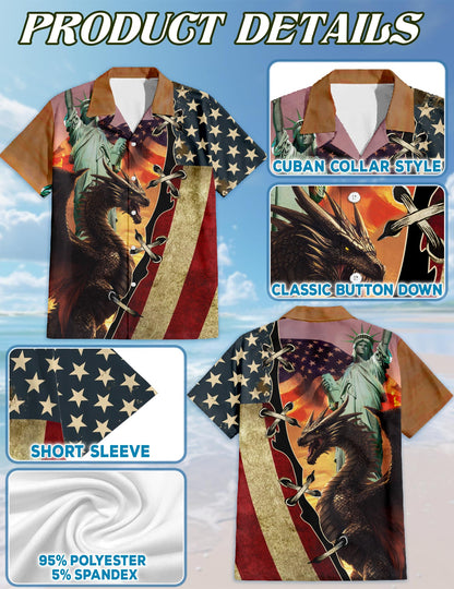 Netecom Matching Dragon US Flag Hawaiian Shirt for Dog and Owner, Patriotic Aloha Summer Shirt, Dragon Flag Print Button Down Outfit for Pet and Human, Beach Vacation Casual Wear