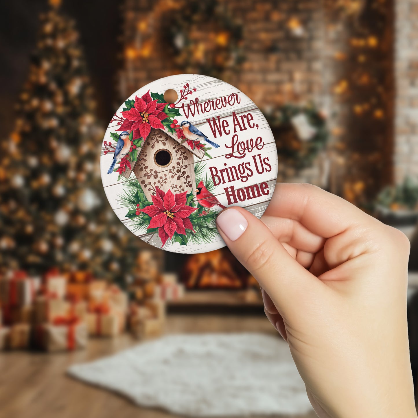 Netecom Classic Birdhouse Ornament with Red Poinsettia and Birds, Wherever We Are Love Brings Us Home Ceramic Ornament for Christmas Tree Hanging Decorations Gift, Home Decor, Holiday Present