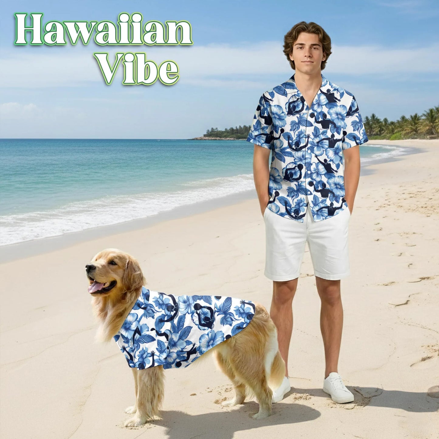 Water Polo Tropical Hibiscus Print Hawaii Dog and Owner Matching Button Shirts