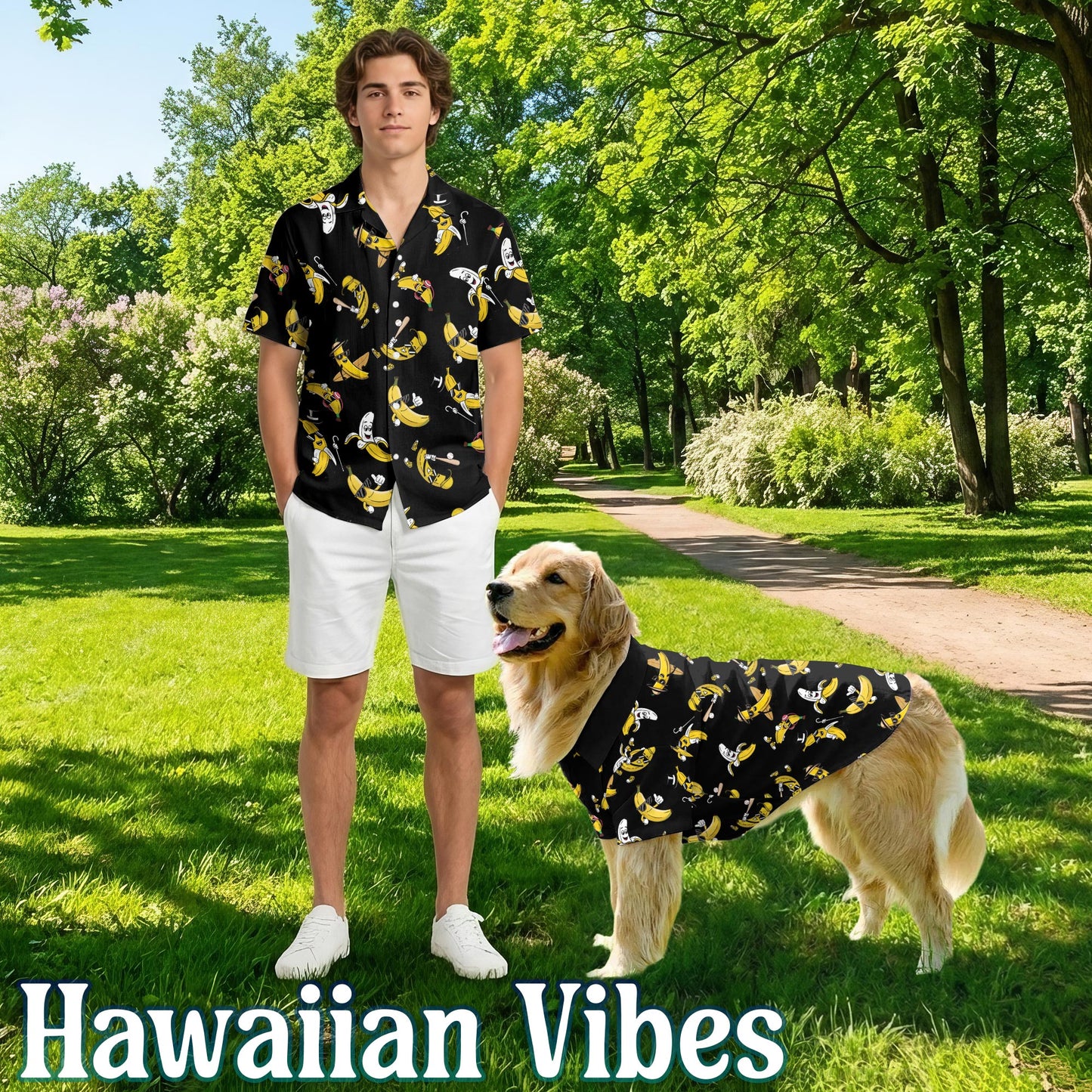 Netecom Matching Banana Pattern Hawaiian Shirt for Dog and Owner, Aloha Summer Shirt, Banana Print Outfit for Pet and Human, Beach Vacation Casual Wear