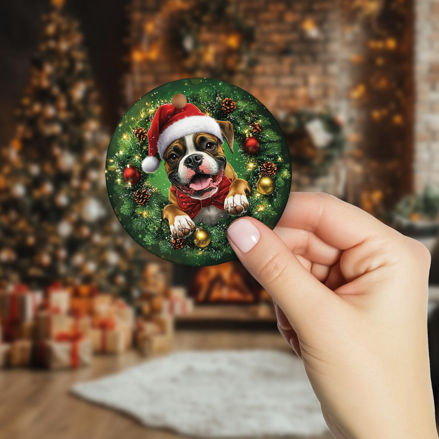 Netecom Cute Boxer Christmas Ornament, Dog Santa Hat Ceramic Ornament for Xmas Tree Hanging Decorations Gift, Puppy Lover Gifts, Home Decor, Holiday Party Present