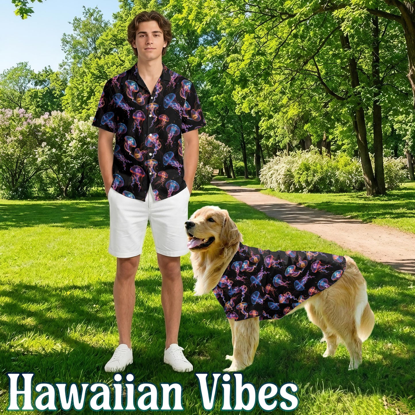 Netecom Matching Neon Jellyfish Aloha Hawaiian Shirt for Dog and Owner, Ocean Glow Theme Summer Shirt, Coordinated Beach Vacation Casual Wear for Pet and Human