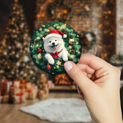 Netecom Funny Samoyed Christmas Ornament, Dog Santa Hat Ceramic Ornament for Xmas Tree Hanging Decorations Gift, Puppy Lover Gifts, Home Decor, Holiday Party Present