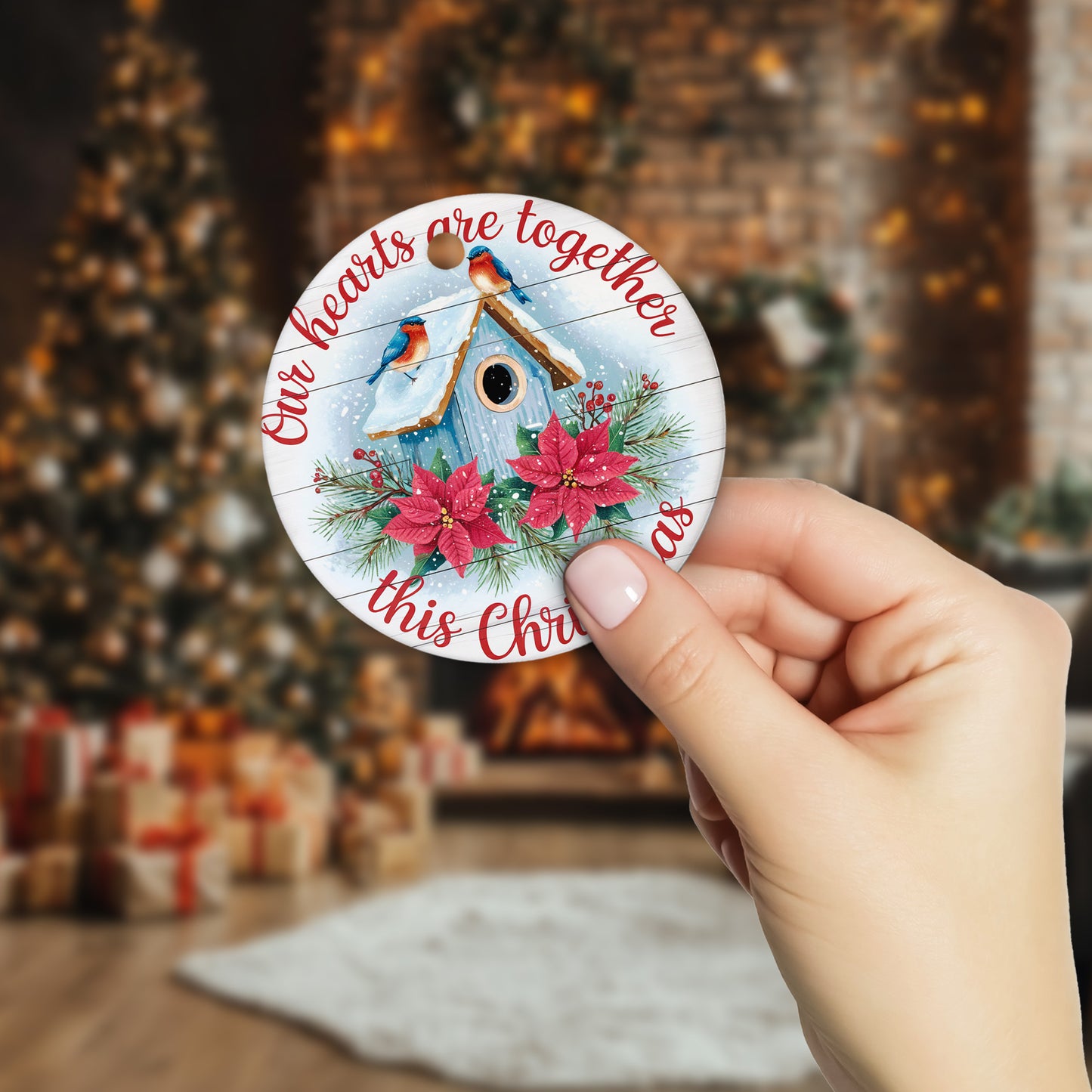 Netecom Classic Birdhouse Ornament with Red Poinsettia and Winter Birds, Our Hearts Are Together This Christmas Ceramic Ornament for Christmas Tree Hanging Decorations Gift, Holiday Party Present