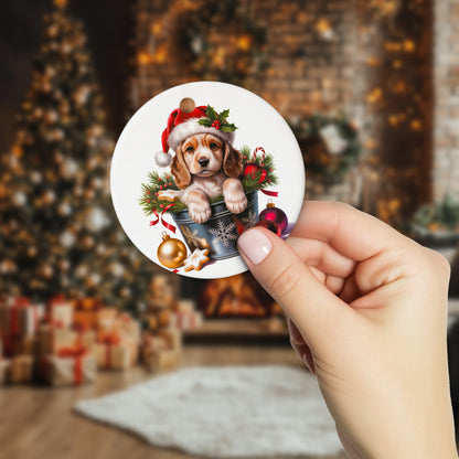 Netecom Cute Cocker Spaniel in Bucket Ornament, Dog with Santa Hat Ceramic Ornament for Christmas Tree Hanging Decorations Gift, Puppy Lover Gifts, Home Decor, Holiday Party Present