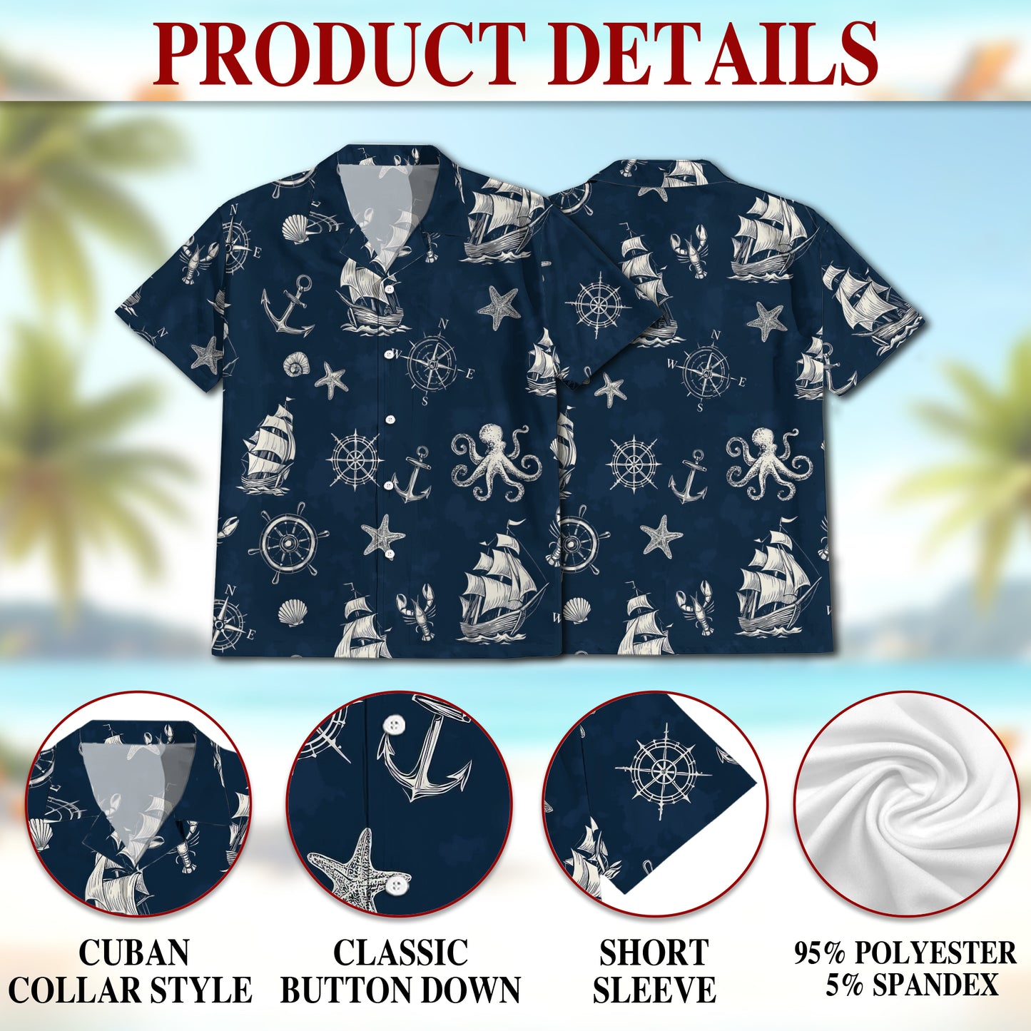 Netecom Tropical Anchor Hawaiian Shirt for Men Women, Sea Animal Button Down Summer Beach Short Sleeve Shirts