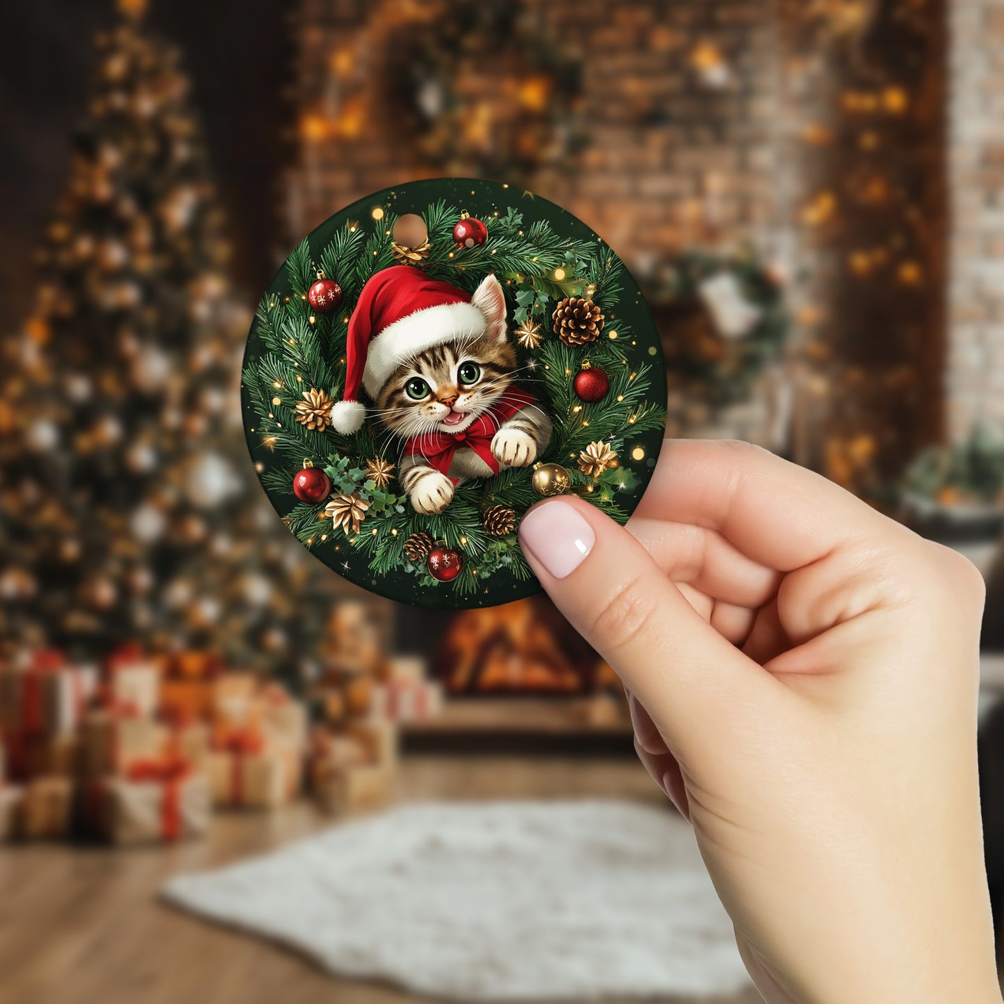 Netecom Cute Cat Christmas Ornament, Kitten with Santa Hat Ceramic Ornament for Xmas Tree Hanging Decorations Gift, Cat Lover Gifts, Holiday Party Present