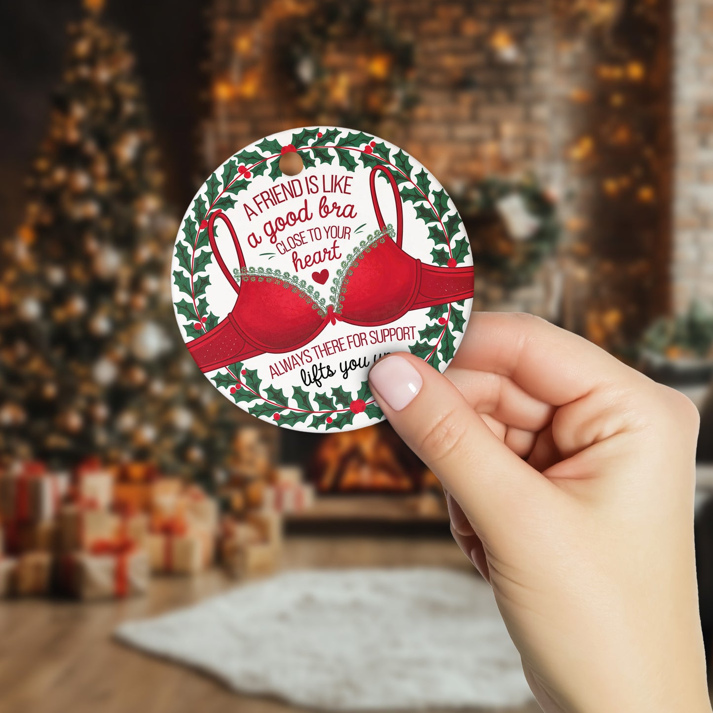 Netecom Funny Best Friend Ornament for Women, A Friend is Like a Good Bra Ceramic Ornament for Christmas Tree Hanging Decorations Gift, Besties Friendship Gifts, Holiday Party Present