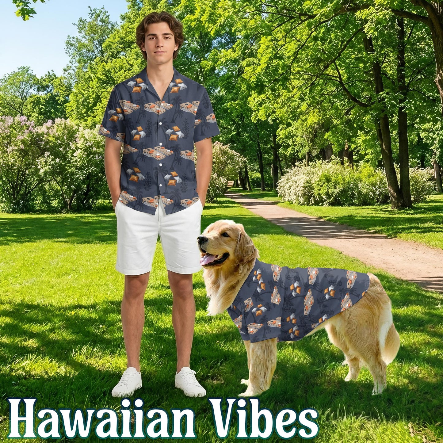 Netecom Matching Cornhole Hawaiian Shirt for Dog and Owner, Aloha Summer Shirt, Cornhole Tree Print Button Down Outfit for Pet and Human, Beach Vacation Casual Wear