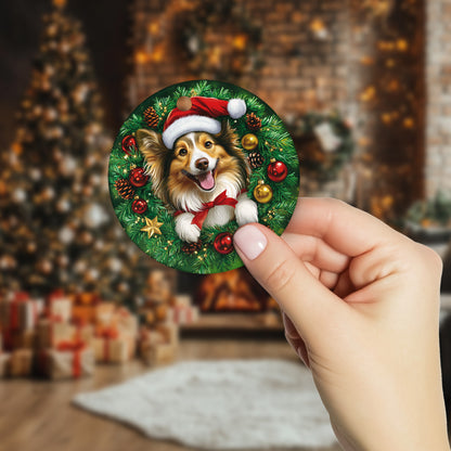 Netecom Funny Shetland Sheepdog Christmas Ornament, Dog Santa Hat Ceramic Ornament for Xmas Tree Hanging Decorations Gift, Puppy Lover Gifts, Home Decor, Holiday Party Present