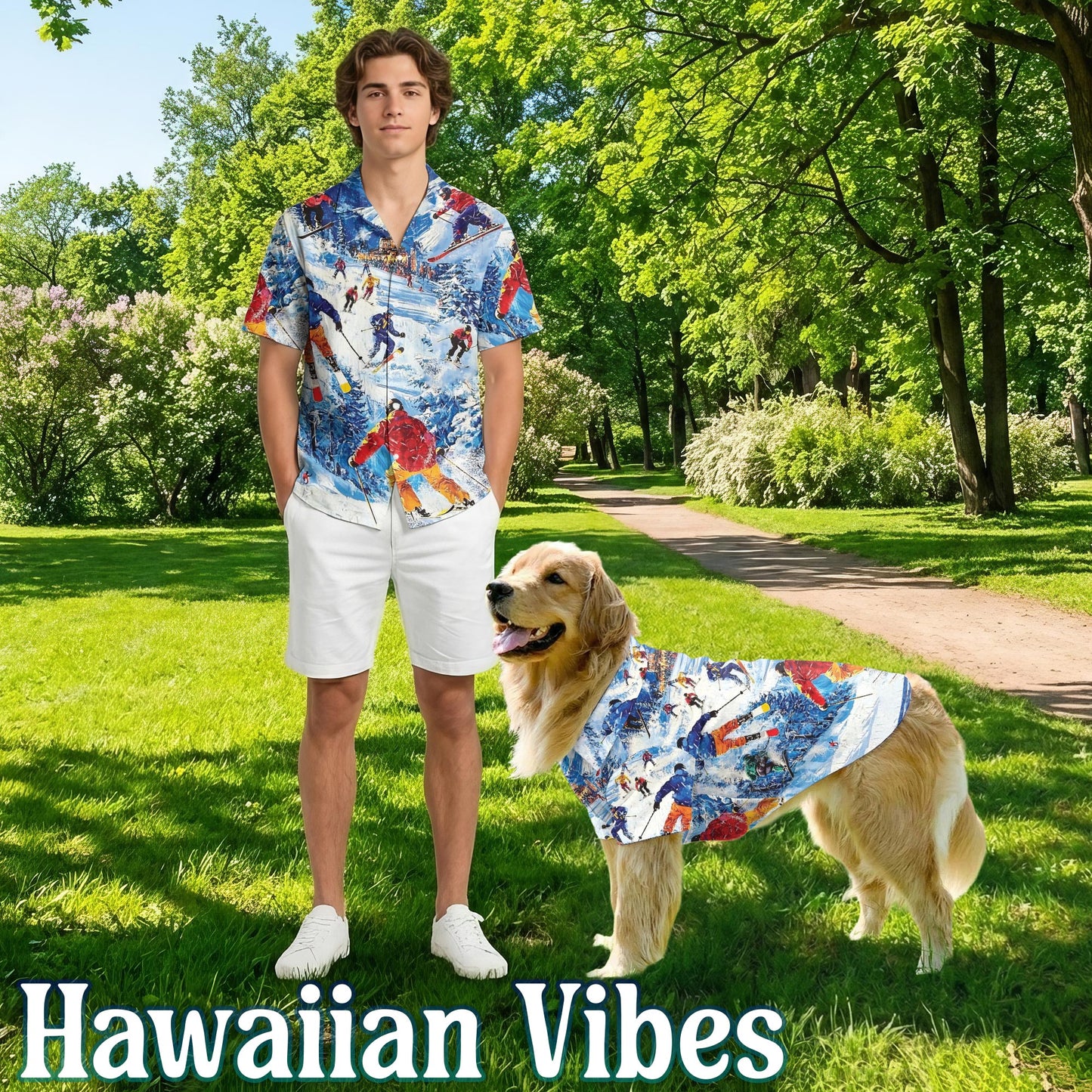 Netecom Matching Vintage Skiing Hawaiian Shirt for Dog and Owner, Aloha Summer Shirt, Retro Ski Print Outfit for Pet and Human, Beach Vacation Casual Wear
