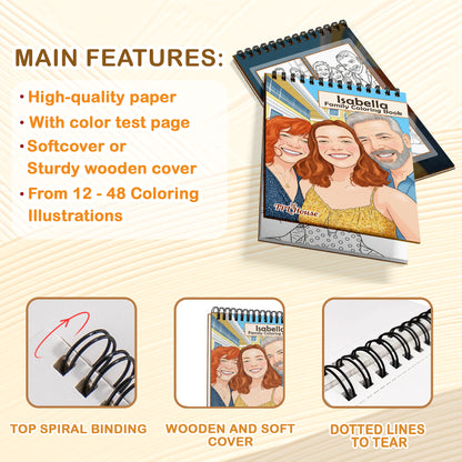 Custom Coloring Book from Photos – Personalized Family Coloring Book for Adults, 12–48 Pages, Memory Keepsake Gift, Premium Wooden Cover, Spiral Binding