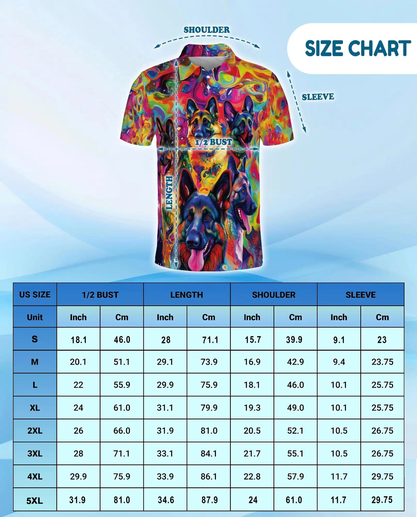Psychedelic German Shepherd 3D Polo Shirt for Men – Colorful Dog Lover Art Style | Netecom