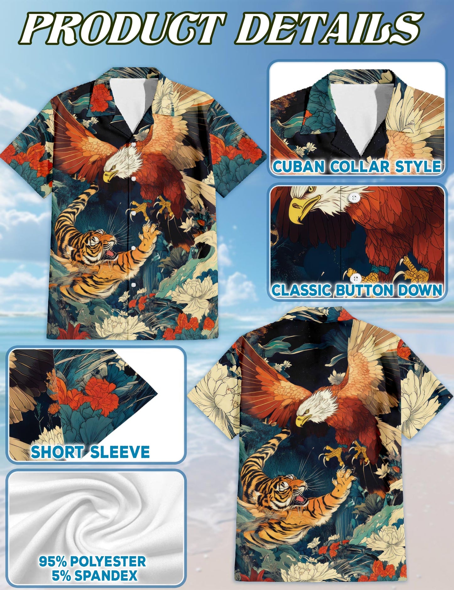 Netecom Eagle and Tiger Battle Hawaiian Shirt for Men Women, Wild Animal Button Down Summer Beach Short Sleeve Shirts