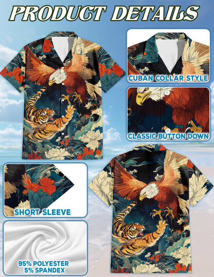 Netecom Eagle and Tiger Battle Hawaiian Shirt for Men Women, Wild Animal Button Down Summer Beach Short Sleeve Shirts