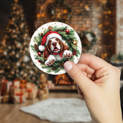 Netecom Funny Basset Hound in Santa Hat Christmas Ornament, Puppy Ceramic Ornament for Xmas Tree Hanging Decorations Gift, Dog Lover Gifts, Holiday Party Present